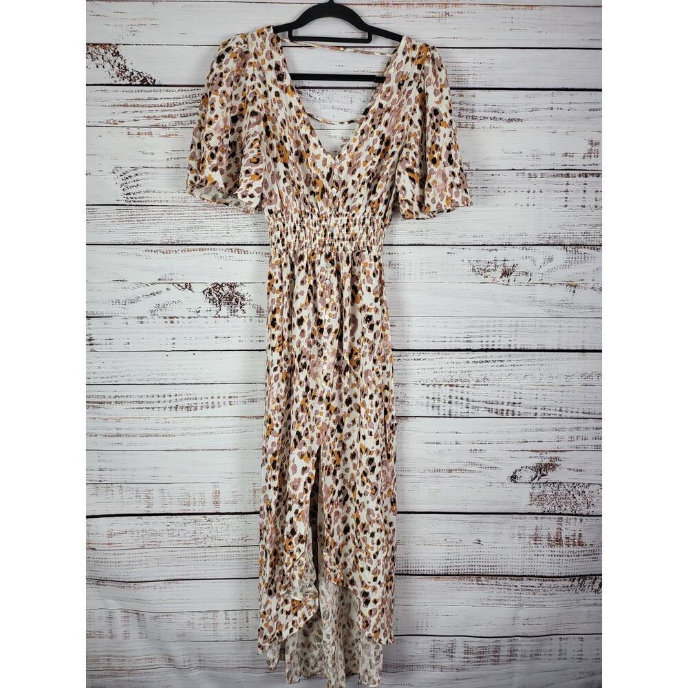 Lola Grace Maxi‎ Dress S Womens V Front V Back Flared Short Sleeve Multicolor
